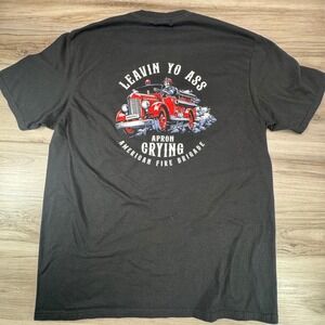 Mens XL Black Graphic Tee Fire Truck Skeleton American Fire Brigade